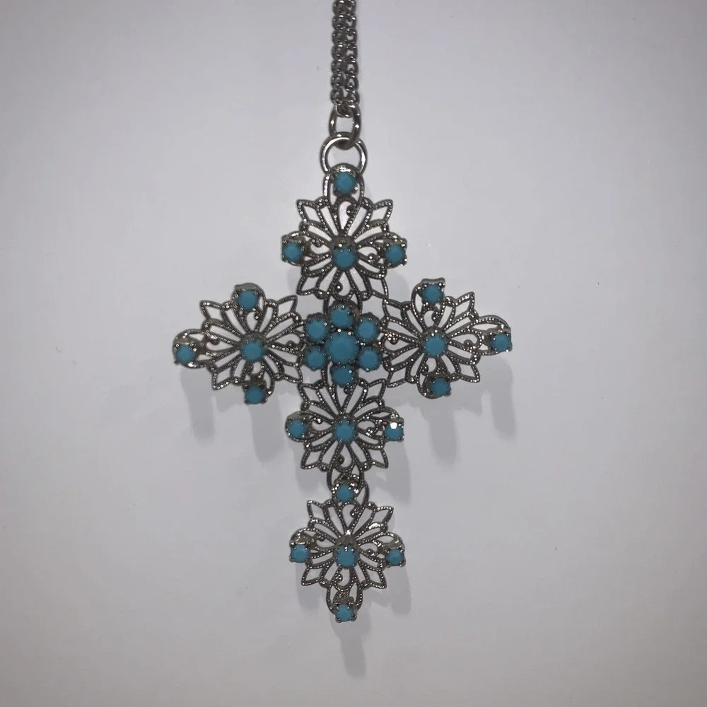 Vintage Silvertone Cross Faux Turquoise Necklace Chain Pendent